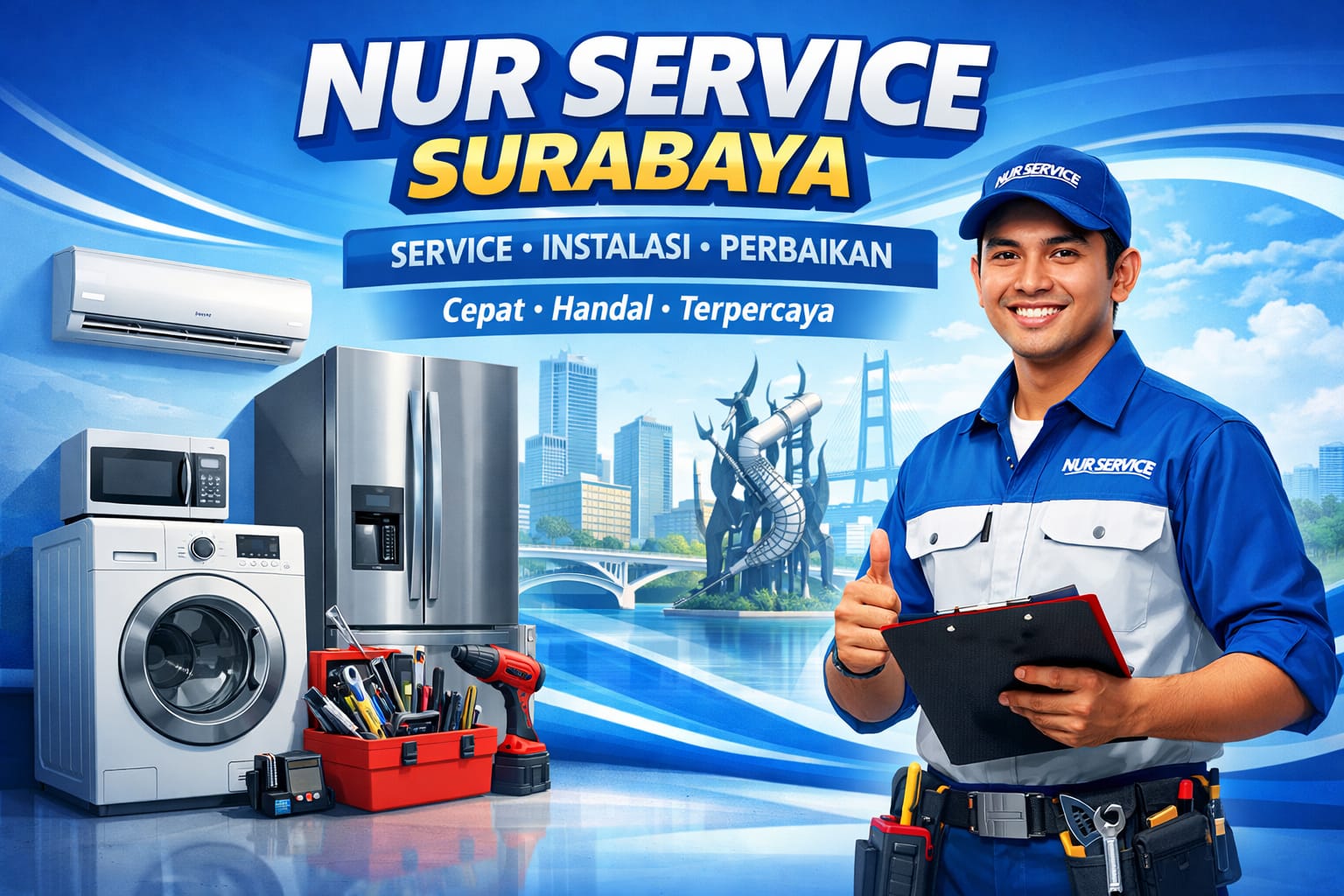 Realistic photograph of a 24-year-old Javanese technician with traditional features, wearing work attire, focused intently on repairing a washing machine in a workshop with scattered tools including screwdrivers, pliers, and diagnostic equipment, lit under professional fluorescent lights capturing the hands-on expertise and concentration