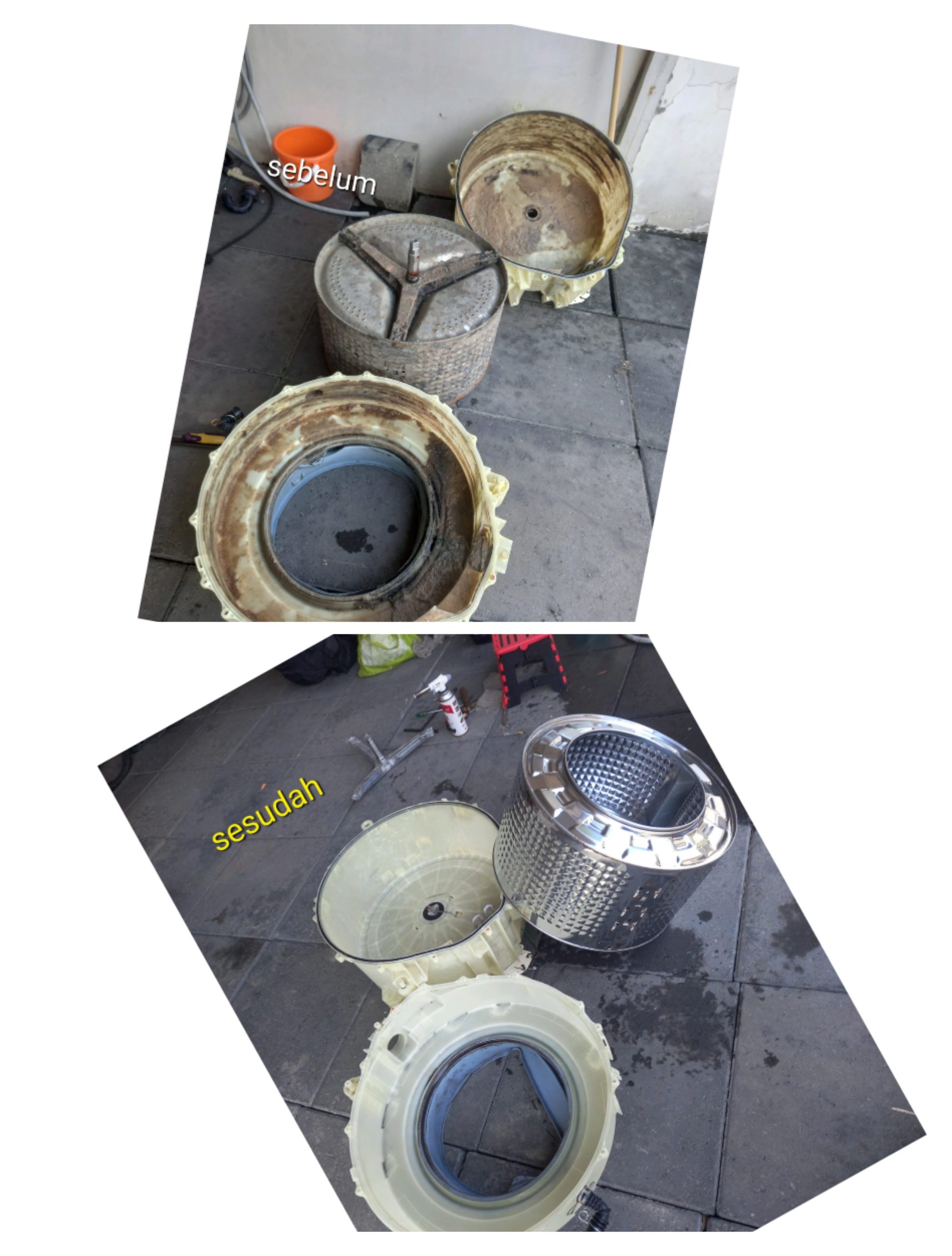 Before and after images showing a dirty washing machine cleaned and polished, demonstrating transforming service quality